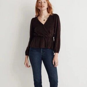 Madewell Ribbed Velvet Corduroy Women's Deep Purple V-Neck Wrap Long Sleeve Top
